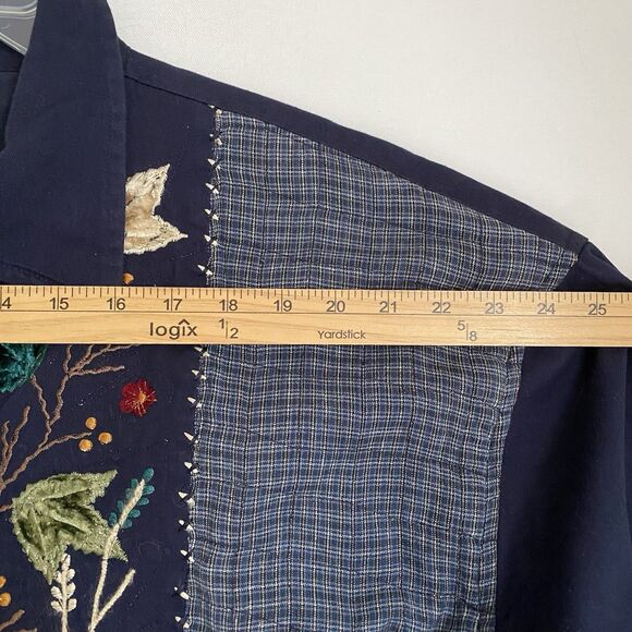 Life Style Patchwork Linen Jacket 1X Navy Floral Embroidered Cottage Boho Granny - Picture 8 of 10